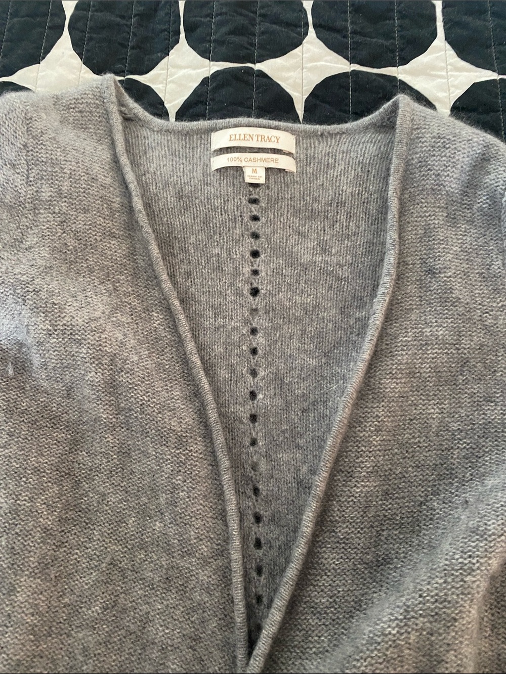 Ellen Tracy Light Gray Cashmere V-Neck Cardigan with Open-Stitch Detail